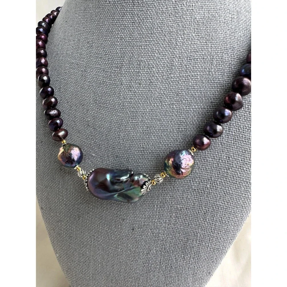 Baroque purple pearl necklace 925 sterling silver bi metal gold and silver jewel
